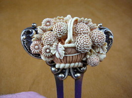 CHL57-10) Flower basket orange + ivory cameo brass hair pin pick stick HAIRPIN - £27.77 GBP