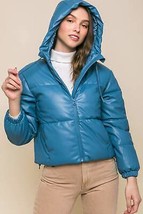 PU Faux Leather Hooded Puffer Jacket - Zipper Closure, Stylish &amp; Warm Ou... - $26.78