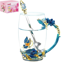 Mother&#39;s Day Gifts for Mom Women, Butterfly Flower Glass Tea Cup Sky Blue Rose C - £23.04 GBP