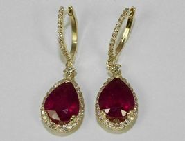 14k Yellow Gold Over Pear Shape Ruby &amp; Round White Diamond Halo Dangle Earrings - £89.35 GBP
