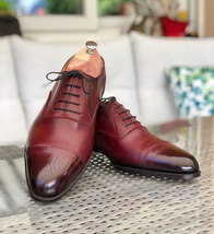 Handmade Men Maroon Shoes ,Cap Toe Lace UP Leather Shoes - £112.59 GBP