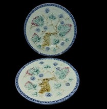 Pottery Barn Plates Majolica Bunny Rabbit Dessert 8” Set of 2 Floral Embossed - £59.34 GBP