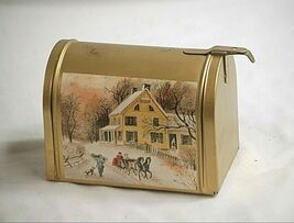 Currier &amp; Ives Metal Tin Mail Box w Red Plastic Flag New England Scene V... - $16.82