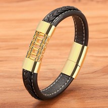 Luxury Style Stainless Steel Cubic Zirconia Black Leather Men&#39;s Leather Bracelet - £12.81 GBP