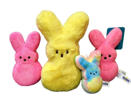 4 Just Born Marshmallow Peeps Plush Stuffed Bunny Rabbits Yellow Pink Ti... - £13.56 GBP