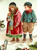 1910 Embossed Christmas Postcard Victorian Children With Doll And Toy Horse - £17.11 GBP