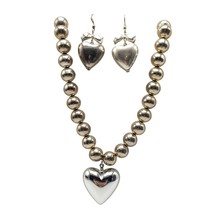 Puffy Heart Pendant Necklace Earrings Set With Silver Tone Beads Bow Acc... - $26.72