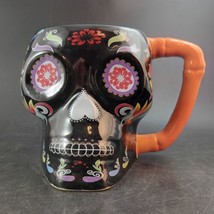 Day of the Dead Black Coffee Mug W Orange Bone Handle - $7.92