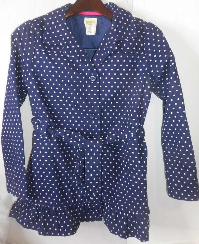Crazy 8 Polka Dot Jacket Girls XL-14 Navy Blue Lined Belted Gathered Hemline - $15.83