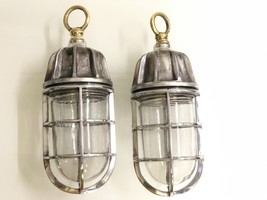 Maritime Deco Bulkhead Cage Antique Style Aluminum Pendant Light Lot of 2 - $160.94