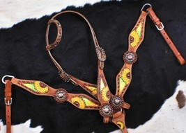 Western Horse Leather Tack Set Sunflower Buckstitch Design Bridle Breast Collar - £69.68 GBP