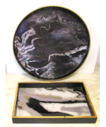 Pair of Round and Rectangle Black, White and Gold Swirl Serving Trays  - £38.05 GBP