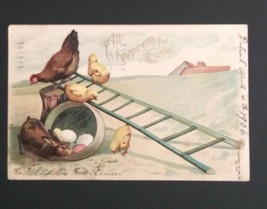 All Happiness for Easter Bunny Chicks Ladder Embossed Antique Postcard UDB 1906 - £15.61 GBP