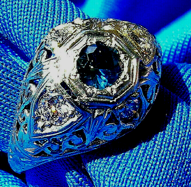 Earth mined Sapphire Diamond Deco Engagement Ring Vintage Solitaire 14k Gold Item image 10