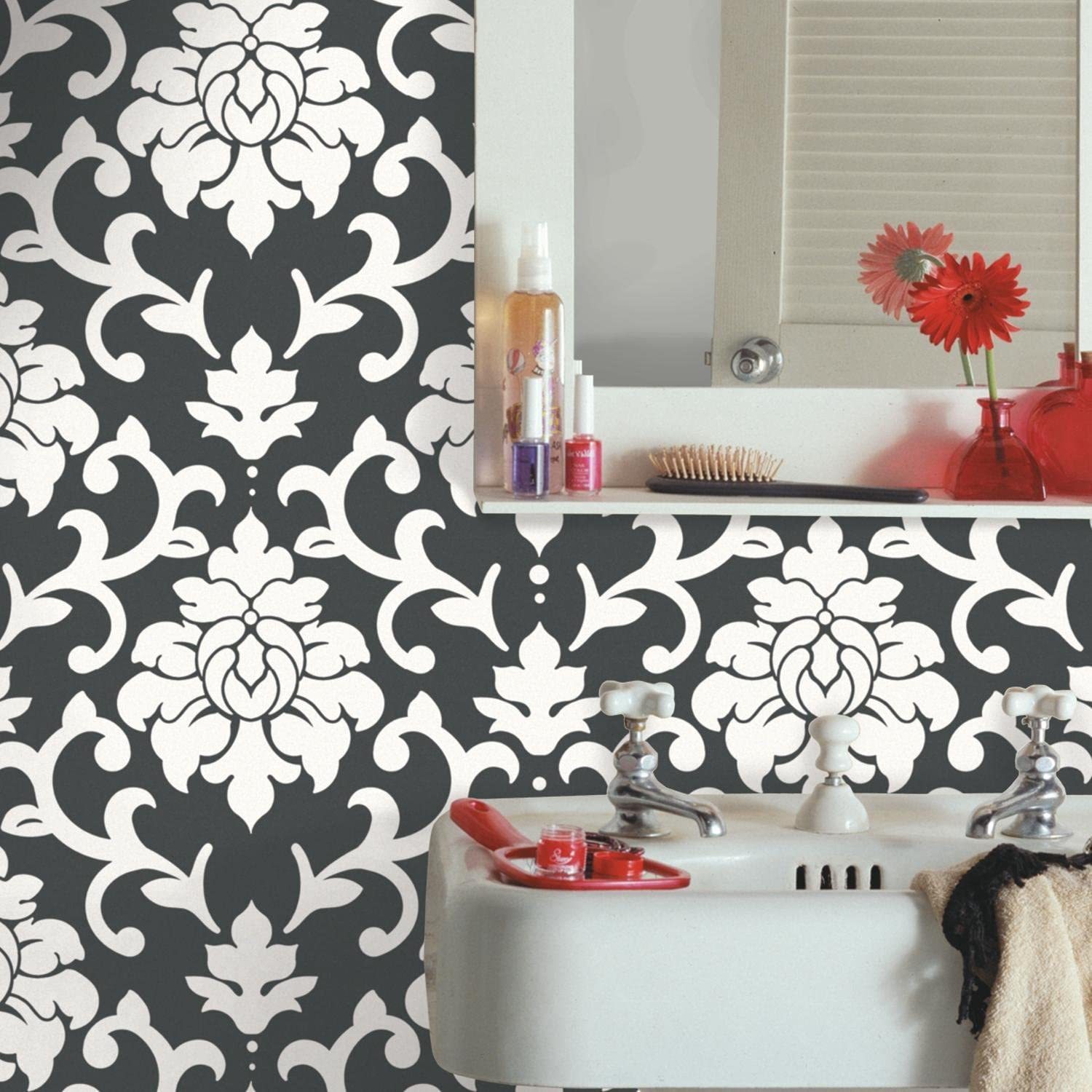 Primary image for Roommates Rmk9114Wp Black Damask Peel And Stick Wallpaper 20.5" X 16.5 Feet