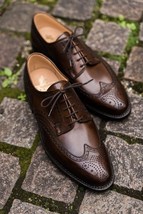 Handmade Men&#39;s Dark Brown Wingtip Leather Lace Up Round Toe Derby Dress Shoes - £100.78 GBP+