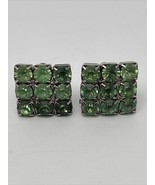 Vintage Green Rhinestones Square 9 Stones Each Clip On Earrings Silver Back - £22.02 GBP
