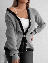 Contrast Trim Button Up Long Sleeve Cardigan - £33.46 GBP