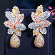 Zircons 3 Tone Gold Color Luxury Large Leaf Drop Flower Micro Cubic Zirconia Ear - £33.57 GBP