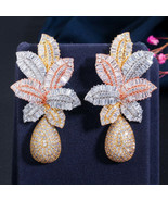 Zircons 3 Tone Gold Color Luxury Large Leaf Drop Flower Micro Cubic Zirc... - $57.05 CAD