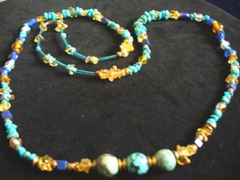 Turquoise, Amber, Citrine, &amp; Lapis 32&quot; Beaded Necklace - £25.57 GBP