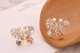 Pretty Multicolored Rhinestone Crystal Pearl Butterfly Stud Earrings - £5.17 GBP
