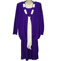 Vintage Vikki Vi Drop Waist Dress Purple White Scarf Tie Pleated Size 2X Party - £38.66 GBP