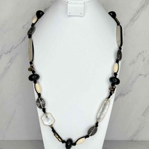 Chico&#39;s Chunky Beaded Long Black Cord and Gold Tone Necklace - £13.23 GBP
