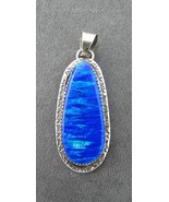 Sterling Signed T Navajo Silver Pendant Reflective Blue Stone Rising Sun Details - $195.00