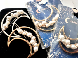 4 Faux Pearl Silver Gold Tone Crescent Moon Zodiac Hair Barrette Accessory Clip - £13.44 GBP