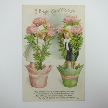 Easter Postcard Boy &amp; Girl Pink Flowers Pots Ellen Clapsaddle Embossed Antique - £7.98 GBP