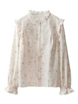 Ruffled High Neck Eyelet Embroidered Blouse in Floral Print – Flared Lon... - £60.99 GBP