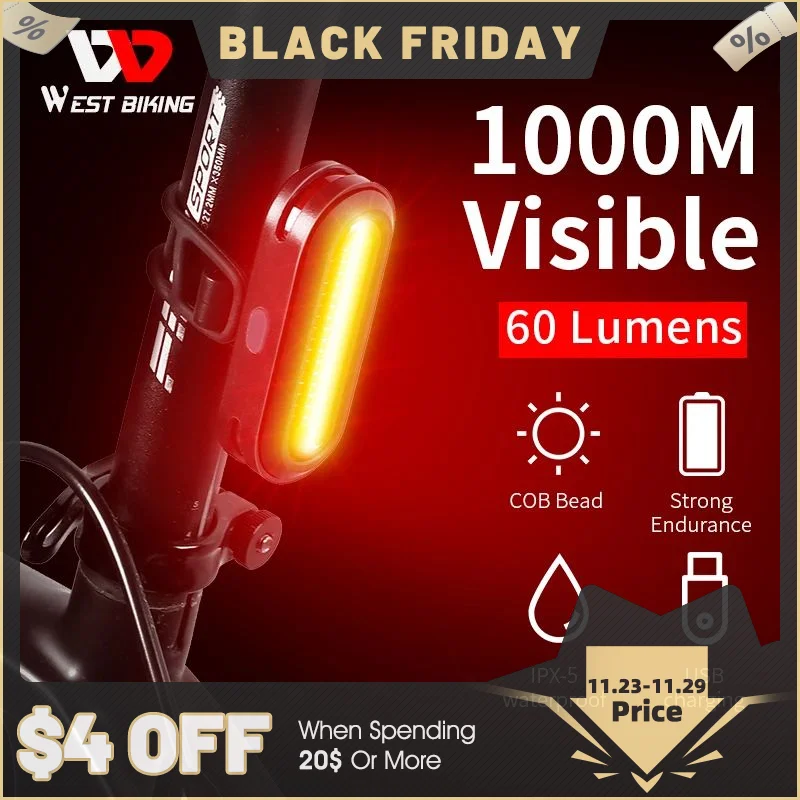 West Biking Bicycle Rear Light Usb Rechargeable Led Tail Light 6 Mode Cycling - £15.46 GBP