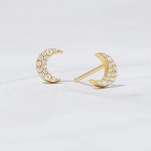 Simulated Diamond Half Moon Mini Stud Earrings 14k Yellow Gold Plated Silver - £18.39 GBP