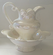 Glass Water Pitcher and Bowl &quot;Mother of Pearl&quot; Look Table Top Decorative Collect - £27.45 GBP