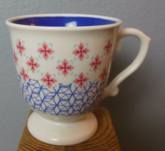 Vintage Mug  Pink Flowers over Blue Lace Cobalt Blue  Inside Footed 4&quot; - £11.87 GBP