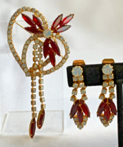 Vtg Prong Set Jewelry Set Fashion Brooch &amp; Clip-On Earrings Clear &amp; Ruby... - £62.34 GBP