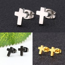 Men Women Small Silver Gold Black Cross Ear Studs Earrings Stainless Steel 2Pcs - £7.16 GBP