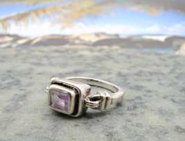 Sterling Silver 925 Ring Rectangle Amethyst Stone Solitaire Ring Size 7.5-7.75 - £19.24 GBP