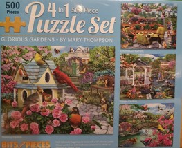 Bits and Pieces 4 Puzzle Set Glorious Gardens by Mary Thompson 300 pc 16x20" NEW - $24.30