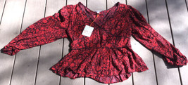 Knox Rose Blouse Womens M Red Floral Boho Long Sleeve V Neck Smocked Lightweight - £13.66 GBP