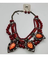 Women’s Fashion Jewelry Red Layered Bead &amp; Bronze Necklace &amp; Earring Set - £22.92 GBP