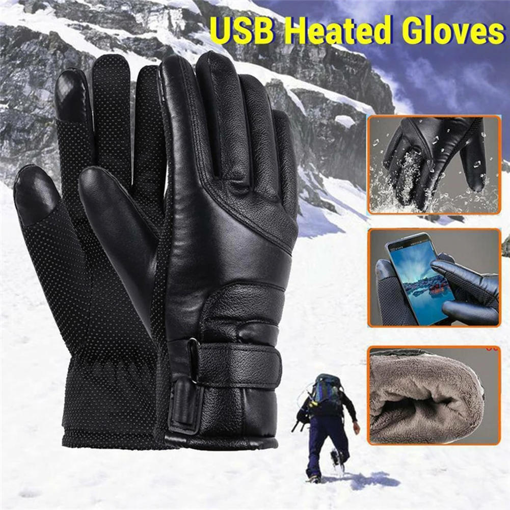 Leather Cycling Thermal Bike Gloves Touchscreen Outdoor USB Electric Heating - £18.81 GBP