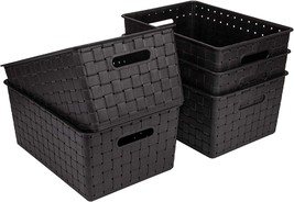 Bekith 5 Pack Woven Plastic Storage Basket, Woven Basket Bin, 10&quot; L X 7&quot;, Black - £27.08 GBP