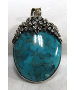 Vintage 925 Sterling Silver Turquoise Flowers Pendant 2 1/4&quot; Lg Bail SSP... - $1,319.24 MXN