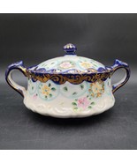 Antique Ceramic Hand Painted Floral Flow Blue Handled Bowl w/Lid Gold Gi... - $40.60 CAD