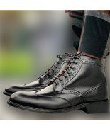 New Handmade Men&#39;s Black Leather Brogue Boots, Men Leather High Ankle Boots - $3,368.10 MXN+