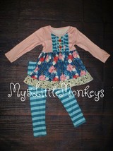 NEW Boutique Floral Ruffle Tunic Dress &amp; Striped Leggings Girls Outfit Set  - £12.78 GBP