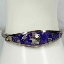 Vintage Mexico Silver Tone Abalone Shell Flower Purple Hinge Bangle Bracelet - £19.73 GBP