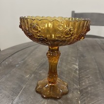 Vintage Fenton Amber Honey Glass Compote Cabbage Rose Pedestal Candy Relish - $333.43 MXN
